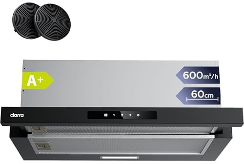 CIARRA CBCB6909A A+ Dunstabzugshaube 60 cm 600 m³/h Flachschirmhaube mit CBCF055 Aktivkohlefilter Touch-Bedienung Integrierte Flach Abluft Umluft Abzugshaube 3 Leistungsstufen für Küchen Schwarz
