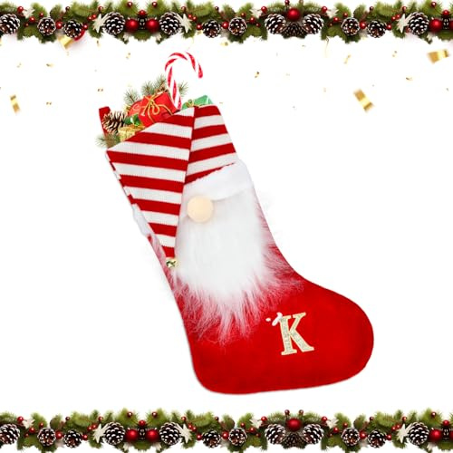 Alederways Weihnachtsstrümpfe, 55cm rote Mütze Monogramm gestrickt Xmas Santa Bart personalisierte bestickte Strümpfe für Weihnachtsbaum Dekor Kinder Erwachsene (K)