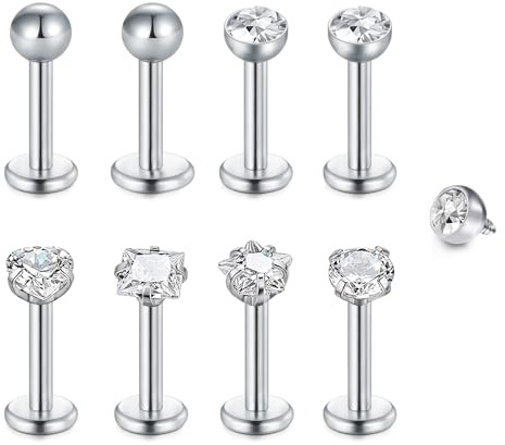 WillTen 8Pcs Tragus Piercing Helix Piercings Labret Piercing Lippenpiercing, 16G Tragus Piercing Silber Helix Piercings Gold Medusa Piercing Ohrpiercing Chirurgenstahl Piercing Ohr Helix Conch