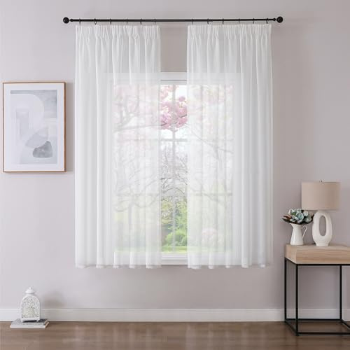 Joydeco 2er Set H160 x B140 cm Weiß Voile Kurz Gardinen Vorhänge mit Kräuselband Transparent Polyester Vorhang Modern Wohnzimmer Schlafzimmer