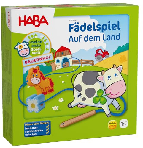 HABA Bauernhof Fädelspiel Auf dem Land – Lern- und Motorikspielzeug ab 18 Monaten – Holzspielzeug mit Bauernhofmotiven für Kleinkinder – 1005580001