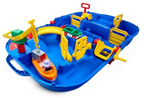 AquaPlay - LockBox - Wasserbahn als Transportkoffer mit 27 Teilen, Spieleset inklusive 1 Hippo Wilma, Amphibienauto und Containerboot, für Kinder ab 3 Jahren, 8700001516, Blau