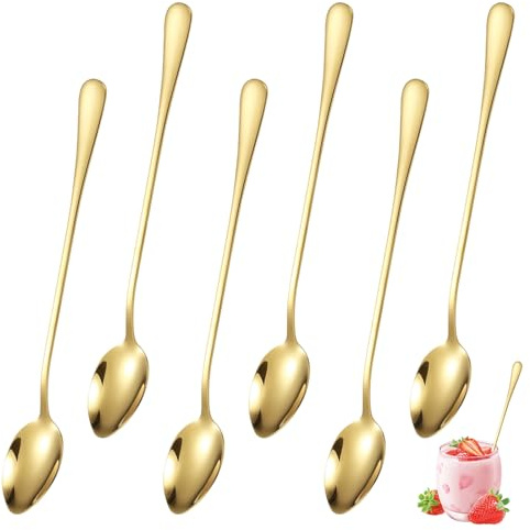 6 Stück Latte Macchiato Löffel Set, 20 cm Griff Eislöffel Lang aus Edelstahl, Gold Cappuccino Löffel Langer Stiel, Teelöffel Langer Stiel für Kaffee, Milchshake, Eisbecher, Eistee, Trinken (Gold)