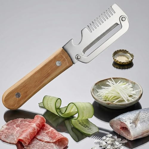 Multifunktionaler Gemüseschäler mit Holzgriff, Edelstahl Schäler Obst und Gemüseschäler, Obstschäler Kartoffelschäler und Flaschenöffner für Gemüse Picknick und Küche (B-1PCS)