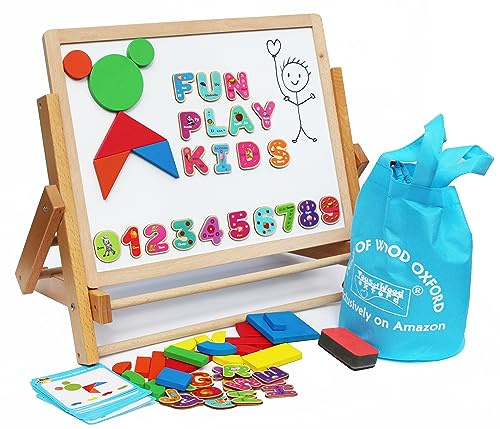 TOWO Holz-Staffelei für Kinder, Kreidetafel und Magnettafel | Klappbare Staffelei mit Magneten, Formen, Buchstaben, Zahlen, Papierrolle und Aufbewahrungssäckchen.