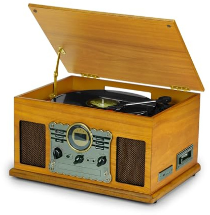DL Plattenspieler mit Bluetooth, CD- und Kassettenspieler, DAB+/UKW-Radio, USB/SD-Wiedergabe und Vinyl-Digitalisierung, Stereo-Lautsprechern