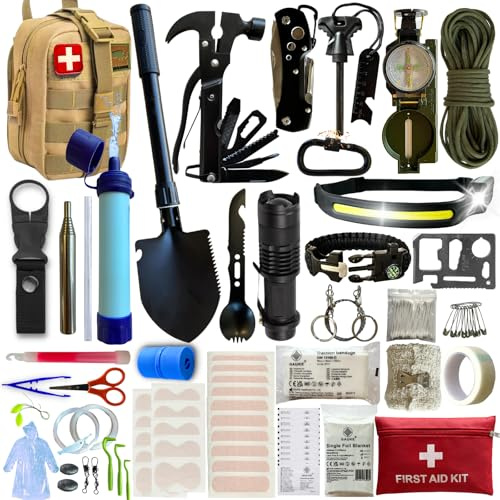BIRKOSCH Survival Kit & Erste-Hilfe-Set – Notfall-Tasche mit 16 Multifunktionswerkzeugen & 60+ Erste-Hilfe-Teilen – Auto & Outdoor Notfall-Ausrüstung– Ideal für Camping, Wandern, Wohnmobil & Haushalt