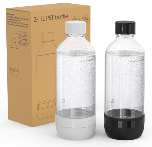 Mycket Soda Maker Flaschen, 2 x 1L Carbonating Bottles, BPA-frei Kohlensäureflaschen, Wiederverwendbare PET-Sprudelwasserflaschen, Ersatzflaschen für Soda-Maschine, Schwarz+Weiß