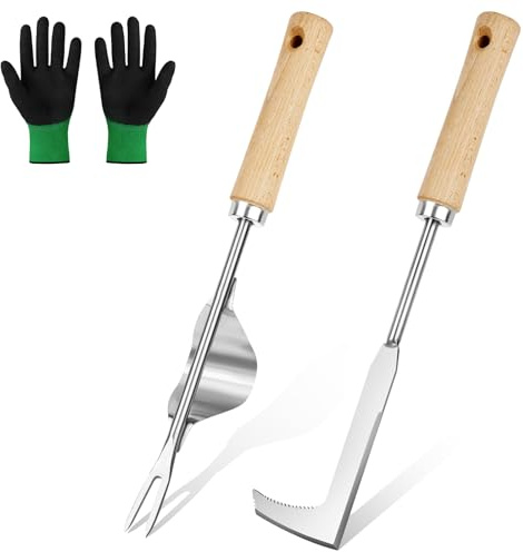 Adiwo 3 Stück Unkraut Entferner Gerät Edelstahl, Unkrautstecher mit Gezackter Kante, Unkrautjäter, Unkrautmesser mit Griff, Doppelseitiges Scharfes Edelstahlmesser zum Entfernen von Unkraut und Moos