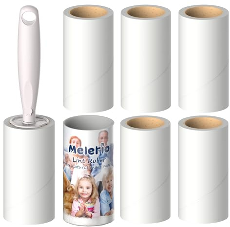 MELERIO 420 Blätter Extra Klebrig Fusselrolle mit 5 Ersatzrollen 1 Staubschutzhülle für Kleidung, Sofa, Bett und Teppich - Fusselroller für Tierhaare, Katzenhaare, Hundehaare Staub & Fussel