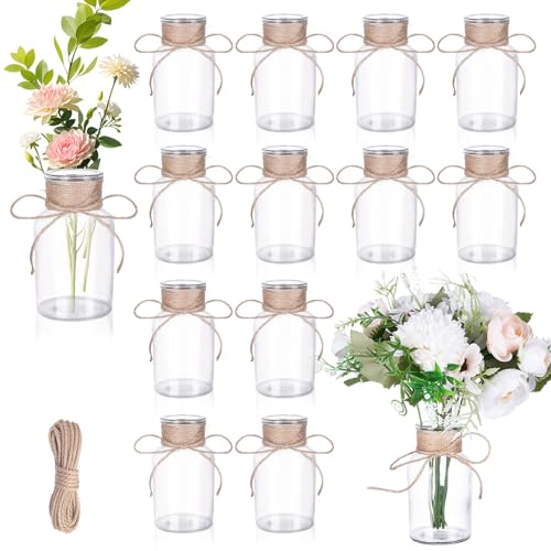 12 Stück Kleine Glasvasen, 125ml Mini Glasvasen mit Juteschnur, Vintage Blumenvasen, Deko Kleine Vasen Set für Tischdeko Hochzeit Geburtstag Party, Spülmaschinenfest