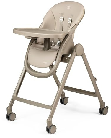 PEG Living Hochstuhl ab Geburt, Zeitgemäßes Design, Liegefunktion, Höhenverstellbar, Doppelttablett, 4 Räder 360°, Kompakte Faltung, 0–3 Jahre (0–15 kg), Space Sand