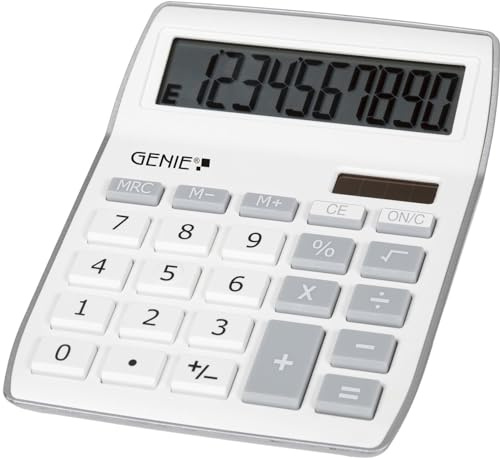 GENIE 840S Taschenrechner, Kompakter Tischrechner mit Großem Angewinkeltem 10-stelligem Display, Dual-Power (Solar und Batterie), Weiß/Silber