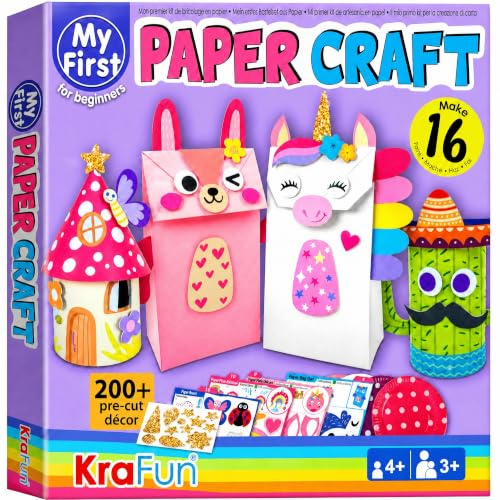 KRAFUN Einhorn & Hase Papier-Bastelset Kinder ab 3 Jahren | 16 Bastel-Projekte mit Einhorn und Hasen-Motiven. Zubehörbox und Anleitung für Kleinkinder inklusive
