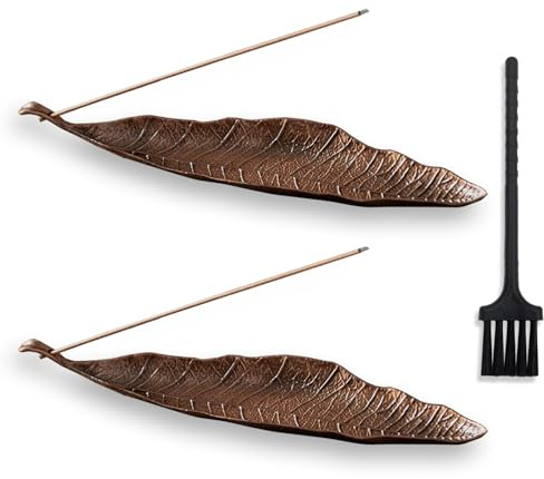 LLMtn 2 Stück Bronze Räucherstäbchenhalter Metall Blätter, Räucherstäbchenbrenner Ash Catcher,Asche Geeignet für Räucherstäbchen,ideal für die Inneneinrichtung,Meditation,Yoga,Inklusive Mini-Besen