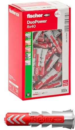 Fischer DuoPower Dübel, 8 x 40 mm, für Mauern, Lochstein, Gipskarton, 537641, 100 Stück