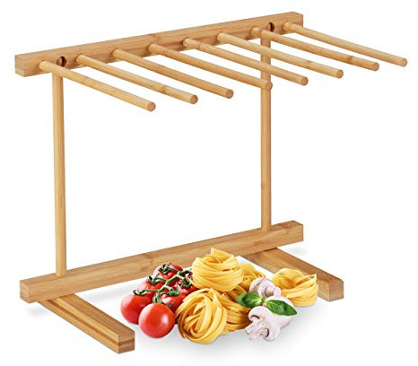 Relaxdays Nudeltrockner, 8 Stangen, lange Pasta platzsparend trocknen, faltbar, Nudelständer Bambus, 28 cm hoch, natur, 28.5 x 35.5 x 26.5 cm, Hellbraun