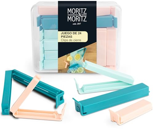 Moritz & Moritz 24 Verschlussclips – inkl. praktischer Box – Clips für Tüten – Tütenclips für Lebensmittelaufbewahrung – auch als Gefrierbeutel Clips geeignet