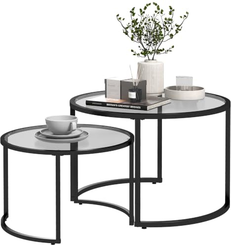 HOMCOM Couchtisch rund 2er Set Beistelltisch mit Tischplatte aus Hartglas | Teilweise Stapelbar, Wohnzimmertisch, Kaffeetisch, für Wohnzimmer Schlafzimmer