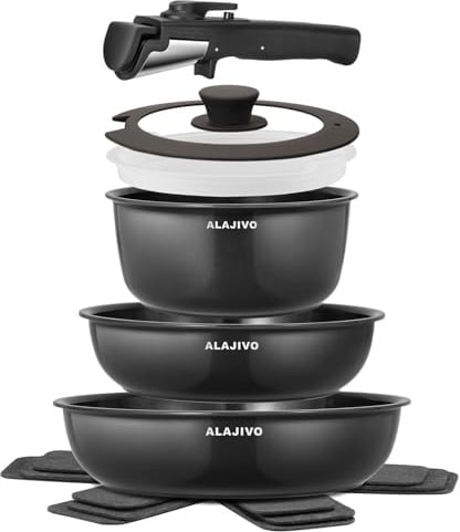 Topfset mit Abnehmbarer Griff, 9-Teilig Topfsets Pfannenset mit Antihaft Beschichtet, Keramik pfanne Induktion Kochtopf Set mit Deckel, für Alle Herdarten, Backofenfest, Ofenfest(Dunkelgrau)
