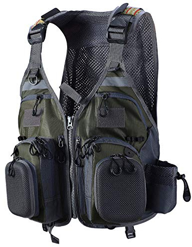 PELLOR Angel Westen, Atmungsaktive Weste mit Mehreren Taschen Angeljacke Jagdfischen Outdoor Camping Fotografie (einstellbare Größe) (Armee-grün)