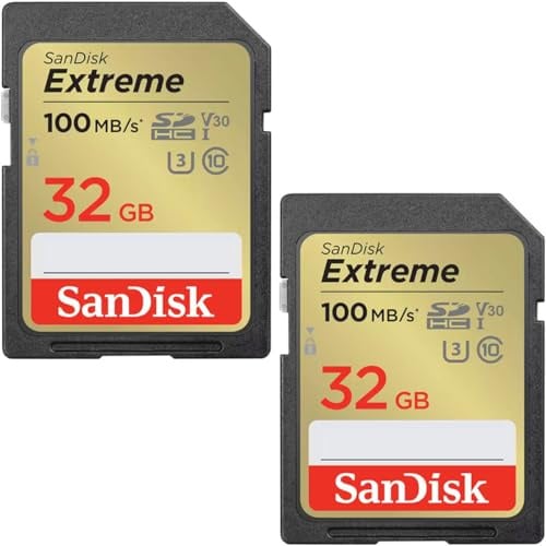 SanDisk Extreme SDHC UHS-I Speicherkarte 2er-Pack 32 GB (V30, 100 MB/s Übertragung, U3, 4K UHD Videos, wasserdicht, stoßfest, temperaturbeständig)