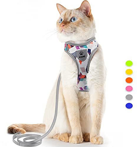 Supet Katzengeschirr und Leine Set Fluchtsicheres Kätzchengeschirr Verstellbares Katzenwestengeschirr mit Reflexstreifen Universelle Katzenleine und -Geschirr für Katzen/Welpen Grau M