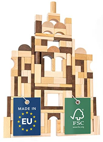 LISA & MAX Premium Holzbausteine (130 Teile) ab 1 Jahr - 100% natürlich, Made in EU, aus FSC®- zertifiziertem Holz - Bausteine für Kinder - Natur -Bauklötze Holz Baby