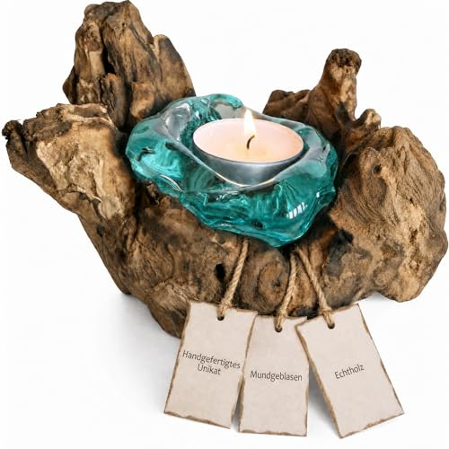 Wogeka - Handgefertigter Teelichthalter aus Glas auf Wurzelholz als Geschenk-Idee zur stilvollen Tisch-Deko Holz Teelicht 1