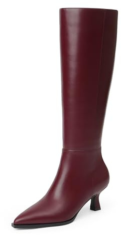 Modatope Kniehohe Stiefel, Kätzchen, niedriger Absatz, Kunstleder, spitzer Zehenbereich, seitlicher Reißverschluss, Herbst, lang, hohe Stiefel für Damen, Burgunderrotes Kunstleder, 8
