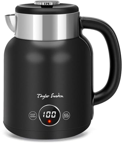 Taylor Swoden Wasserkocher mit Temperatureinstellung, 45°C-100°C, Retro Wasserkocher Edelstahl 1.7 L, Warmhaltefunktion, 2200 W, Schwarz, Asher