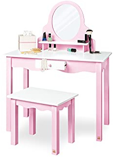 PINOLINO Kinderschminktisch Jasmin mit Hocker in Rosa/Weiß | Schminktisch mit Spiegel I 1 Schubkasten & Ablage I Mit 57 cm Tischplattenhöhe & Hocker I Für Kinder ab 3 Jahren
