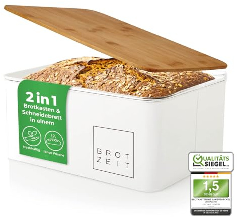 Lumaland Cuisine Brotkasten | Brotdose aus Metall mit Bambus Deckel | Brotbox rechteckig 30,5 x 23,5 x 14 cm | 2in1 Brotbehälter & Schneidebrett [Weiß]