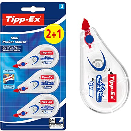 Tipp-Ex Korrekturroller Mini Pocket Mouse, 6 m x 5 mm, ideal für das Büro, das Home Office oder die Schule, 2+1 Stück (1er-Pack)