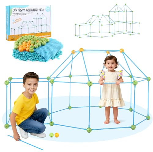 Aofesel 140pcs DIY Höhle Bauen Kinder, Konstruktionsspielzeug Set, Creative Fort Konstruktions Spielzeug, Steckbaukasten Steckspiel für Outdoor Indoor Garten, mit 96 Stäben und 44 Bällen