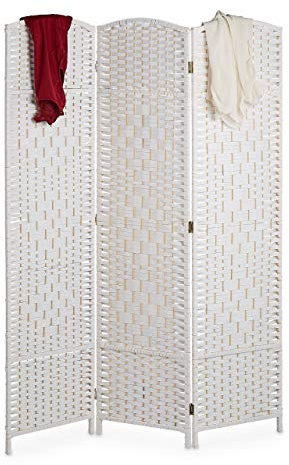 Relaxdays Paravent Raumteiler, HxB: 170 x 120 cm, Faltbarer Raumtrenner, 3-teiliger Sichtschutz, Holz & Papierseil, weiß