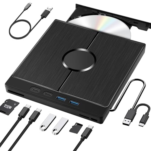 Dictien External CD DVD Laufwerk, USB 3.0 Type-C Tragbar CD DVD Brenner +/-RW Extern mit USB/SD/TF-Kartenleser Portable für PC Laptop,Desktop,MacBook, Win11/10/8/7/XP, Linux,Mac OS,Vista