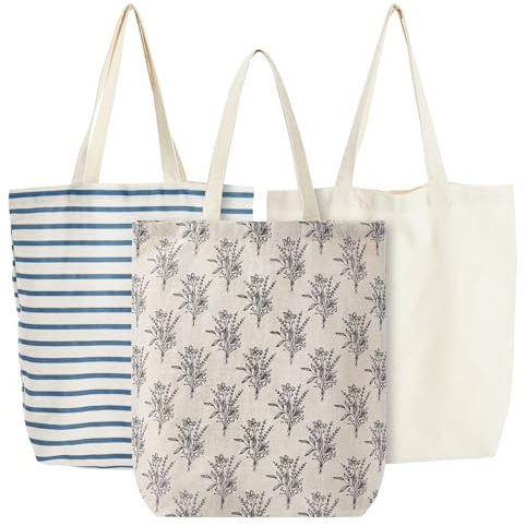 Juvale Einkaufsbeutel aus Baumwolle (Set, 3 Stück) – Robuste Tragetaschen mit Henkeln – 3 Verschiedene Designs – Stoffbeutel für Einkäufe, Transport - 38 x 40 x 10 cm - AUSVERKAUF