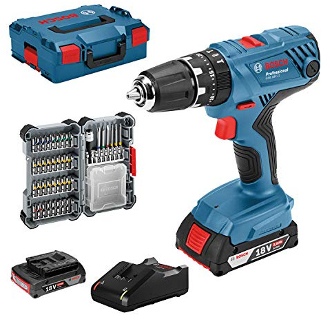 Bosch Professional 18V System Akku Schlagbohrschrauber GSB 18V-21 (inkl. 2x 2.0Ah Akku, 40tlg. Zubehör Set, L-BOXX) - Amazon Exclusive