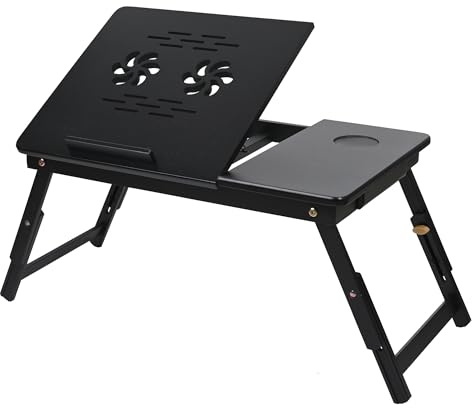VASMIA Bambus Laptoptisch für Bett und Couch, Klapptisch, Frühstück Servierbach mit Klappbeinen, Höhenverstellbar, Bettregal, zusammenklappbar,schwarz