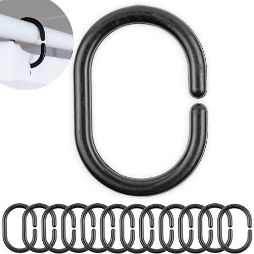 Duschvorhang Ringe, 12 Stück, in Schwarz, Ø 4,6 x 2,9 cm innen, für Duschvorhangstangen, Schwarze Duschringe, aus stabilem Kunststoff, Ring Dusche Duschvorhang, Duschvorhangringe, Duschhaken C-Ring