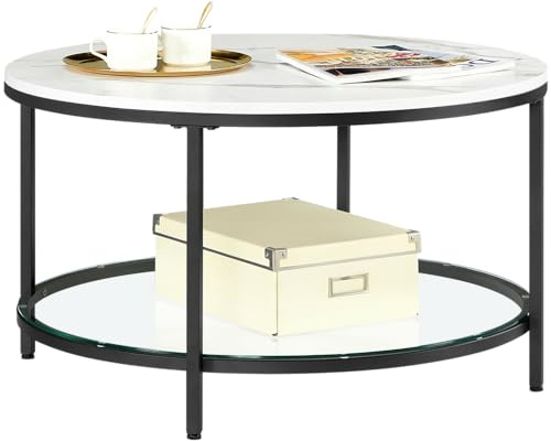 VASAGLE Couchtisch, mit Glasplatte, viel Stauraum, einfacher Aufbau | Wohnzimmertisch, Sofatisch, für Wohnzimmer, Minimalismus, marmorweiß-tintenschwarz, LCT071B13