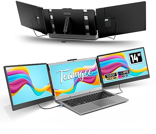 Teamgee 14 Laptop Bildschirm Erweiterung, 1080P FHD Portable Monitor für Laptop, Triple Laptop Screen Extender HDMI/USB-A/Type-C für Mac Wins Android Dex PC mit 13-17 Bildschirme