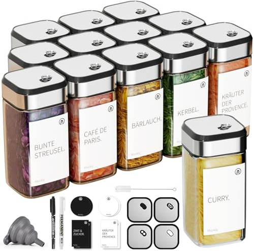 Miorkly Gewürzgläser Eckig mit Streueinsatz 12er, Gewürzstreuer Glas 120 ml-Gewürzdosen Set-Gewürz Organizer-Gewürzbehälter mit drehbarem Gewürzlochdeckel mit Etikett-Gewürzglas Spice Jars