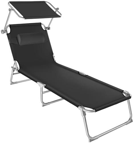tectake® Sonnenliege mit Dach, Strandliege klappbar, leichte Gartenliege, Outdoor Liegestuhl mit Verstellbarer Rückenlehne, inkl. Kopfkissen - ideal für Balkon, Terrasse, Camping, Strand - schwarz
