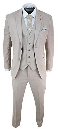 Cavani Herrenanzug 3 Teilig Beige Creme Leinen 2 Knopf Design Tailored Fit Klassisch