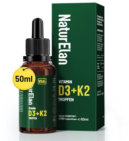 Vitamin D3 K2 hochdosiert Tropfen - 50ml, 1000 I.E. Vitamin D3 pro Tropfen, vegetarisch, ohne Zusätze, Laborgeprüft