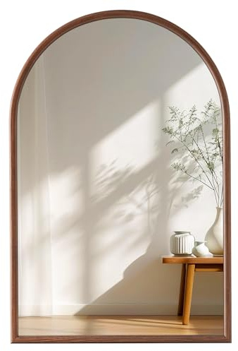 61 x 91,4 cm Bogen-Wandspiegel für die Wand, Wandmontage, Schminkspiegel für Schlafzimmer, Holzmaserung, Rahmenspiegel mit gehärtetem Glas, Vintage-Dekorativ für Badezimmer, Eingangsbereich