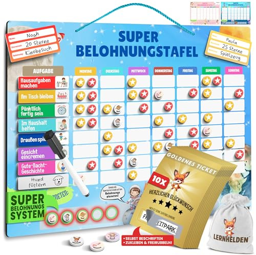 Lernhelden Belohnungstafel für Kinder - inkl. Goldene Tickets, Belohnungssystem Kinder, Wochenplaner magnetisch, Family Plan, Autismus Hilfsmittel, Routine Planer