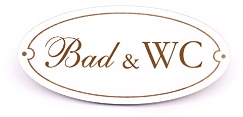 DEKO-LANDO Bad WC Schild Holz graviert oval selbstklebend Toilettenschild Deko Vintage Türschild 15 x 7 cm, Weiß